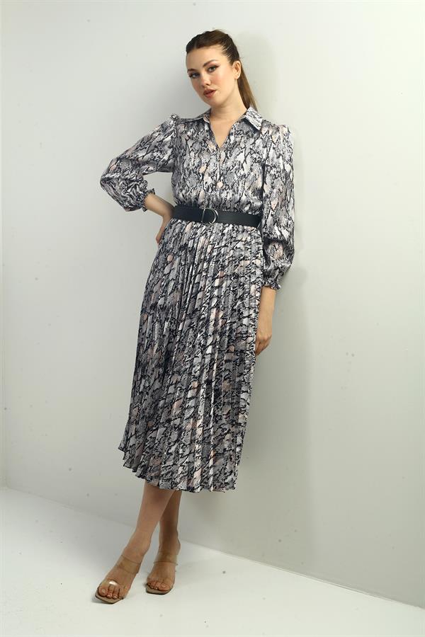 Women's Half-Front Button-Down Belted Lined Snake Pattern Pleated Midi Satin Dress
