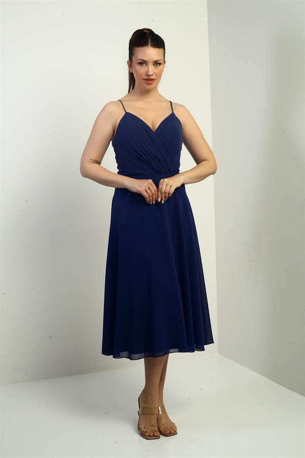 Women's Strappy Wrap Neckline Lined Lace-Up Back Flared Chiffon Dress