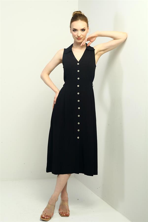 Robe midi en lin à col polo pour femme, ornée d'un pli sur le devant et de boutons.