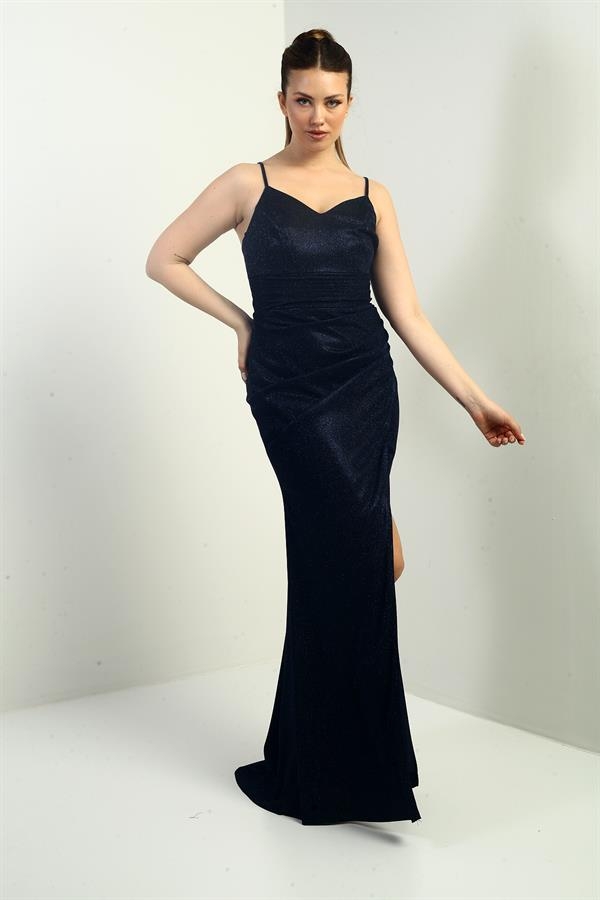 Women's Long Glittery Dress with Pleated and Lined Skirt and Rope Straps