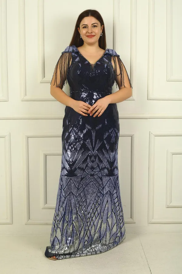 Robe de soirée longue à sequins BB avec manches à pompons perlés et doublure