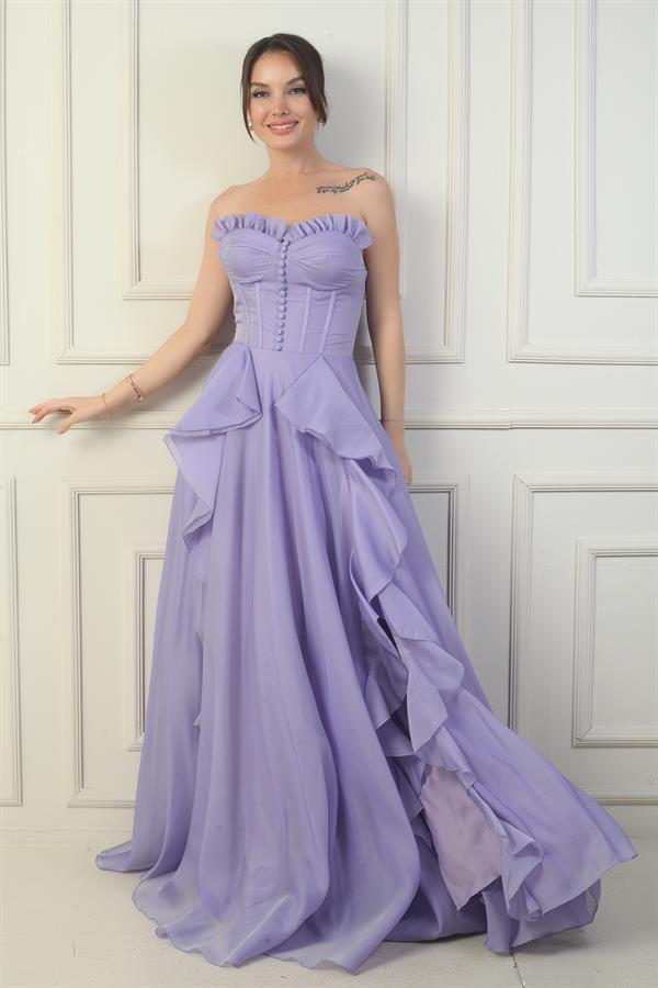 Robe de soirée longue pour femme, sans bretelles, boutonnée sur le devant, lacée au dos, à jupe à volants