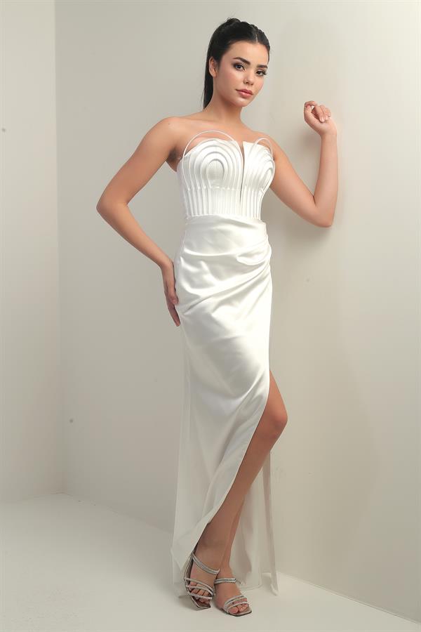 Women's Strapless Front Underwired Lined Satin Long Dress
