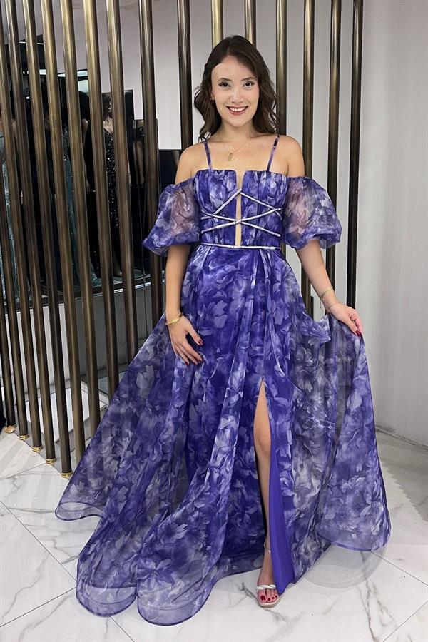 Robe longue en organza floral à fines bretelles et manches basses pour femme, doublée sur le devant, avec passepoil détaillé