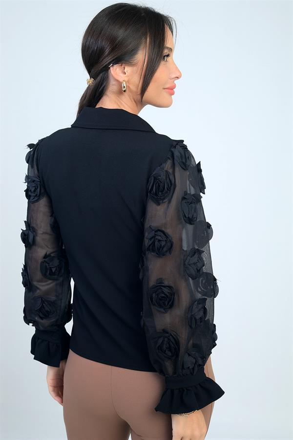 Kadın Önü Düğmeli Kolları Organze 3 Boyut Çiçekli Tasarim Bluz
