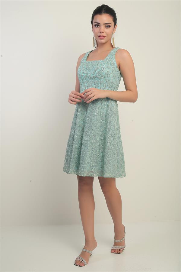 Kadın Kalın Askılı Astarlı Sim Flok Baskılı Kısa Kloş Elbise