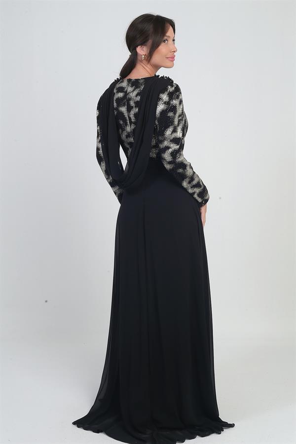 Kadın Çiçekli Kemer Detaylı Üstü Pullu Astarlı Şifon Uzun Elbise