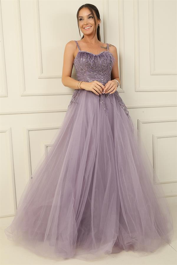 Strappy Neckline Feathered Sequin and Bead Embellished Lined Long Princess Evening Dress