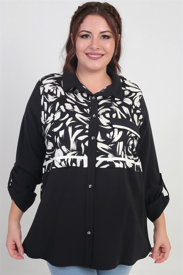 Kadın Kol Katlamalı Fırça Desenli Cep Kapaklı Büyük Beden Gömlek