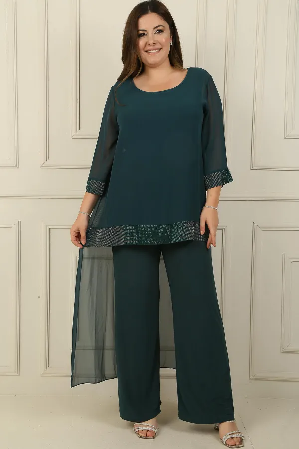Sandy Plus Size Jumpsuit with Stone Detail Chiffon Lycra Top