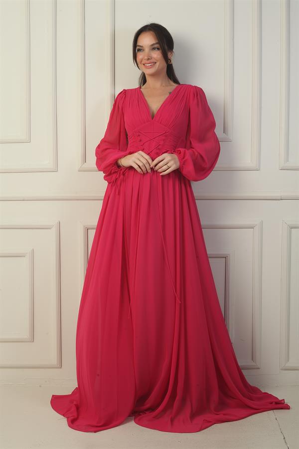 Önden Bağcıklı Balenli Astarlı Uzun Şifon Elbise