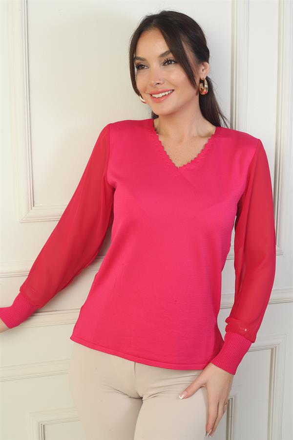 Kadın Merdiven V Yaka Kolları Şifon Kazak