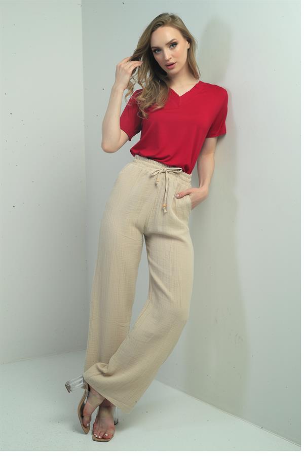 Women's Muslin Palazzo Pants with Elastic Waist and Pockets