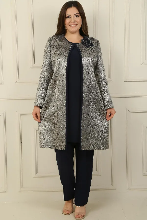 Sleeveless Blouse with Side Slits, Beaded Detail, Lined Long Jacquard Jacket and Trousers, Plus Size 3-Piece Set