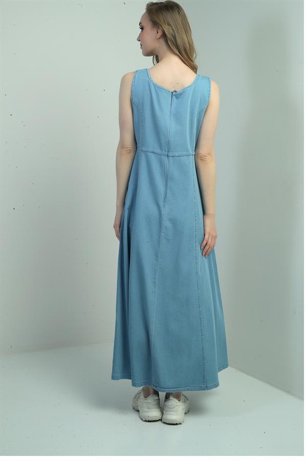 Gilet long sans manches en denim lyocell à col carré pour femme