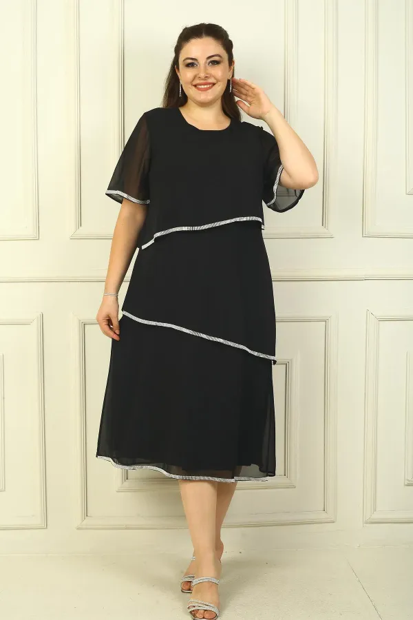 Robe grande taille en mousseline de soie à 3 couches, manches courtes, doublure et détails en pierre pour femme