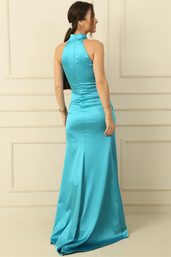 High-necked, gathered front, lined, slit satin dress
