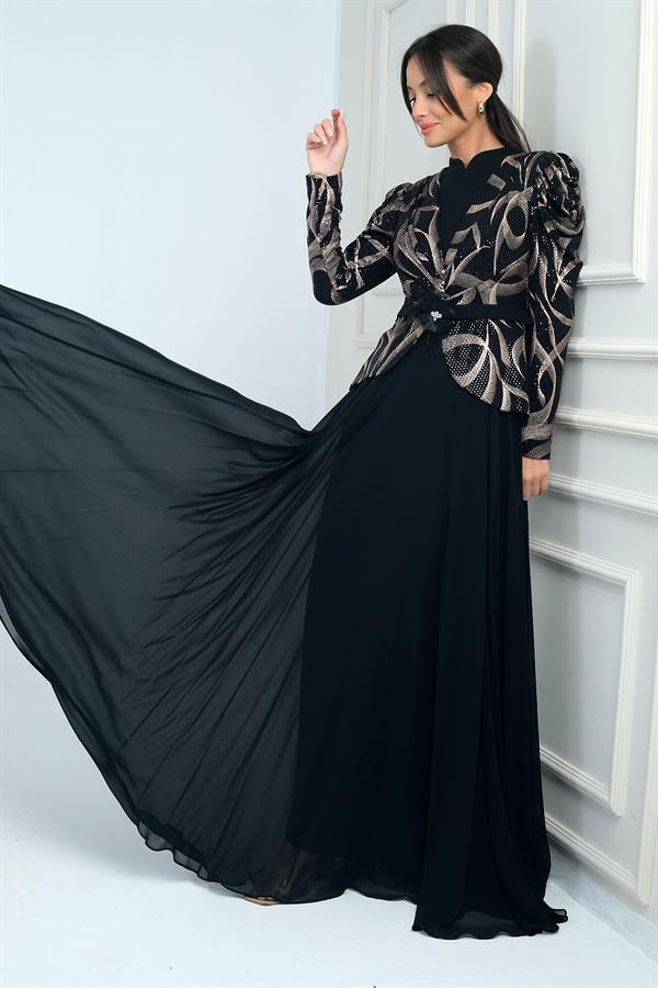 Kolları Büzgülü Güllü KEmer Detaylı Astarlı Üstü Yaldızlı Şifon Elbise