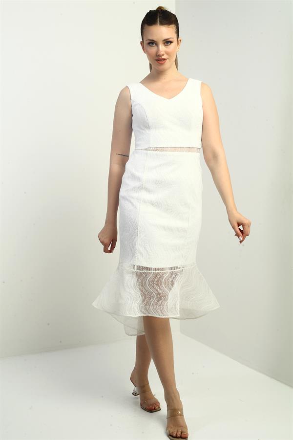 Women's V-Neck Lined Midi Lace Dress with Ruffled Skirt