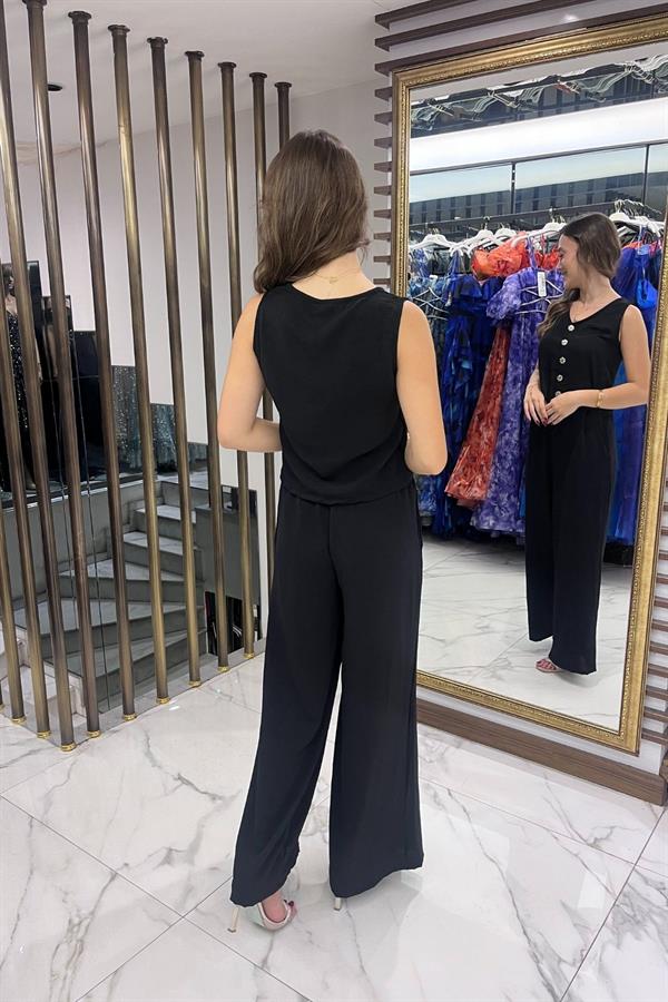 Kadın V Yaka Önü Düğmeli Bluz Beli Lastikli Cepli Palazzo Pantolon Ayrobin 2'li Takım