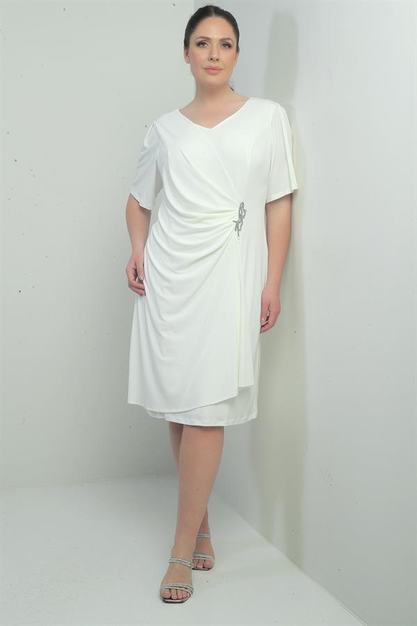 Robe femme à col en V froncée sur le devant avec détails en pierres, doublée, grandes tailles, Lycra