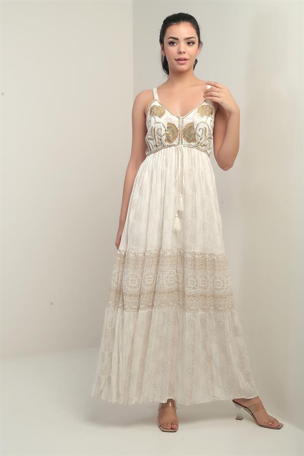 Women's Strappy V-Neck Backless Lined Shimmering Shawl Patterned Pocketed Flush Jacquard Dress