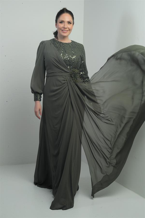 Women's Plus Size Long Chiffon Dress with Sequin and Bead Embellishment, Lined, and Floral Waistline