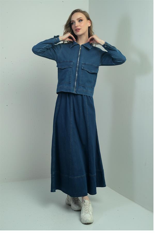 Women's Elastic Waist Long Flared Skirt and Front Zipper Jacket with Patch Pockets - Two-Piece Denim Set