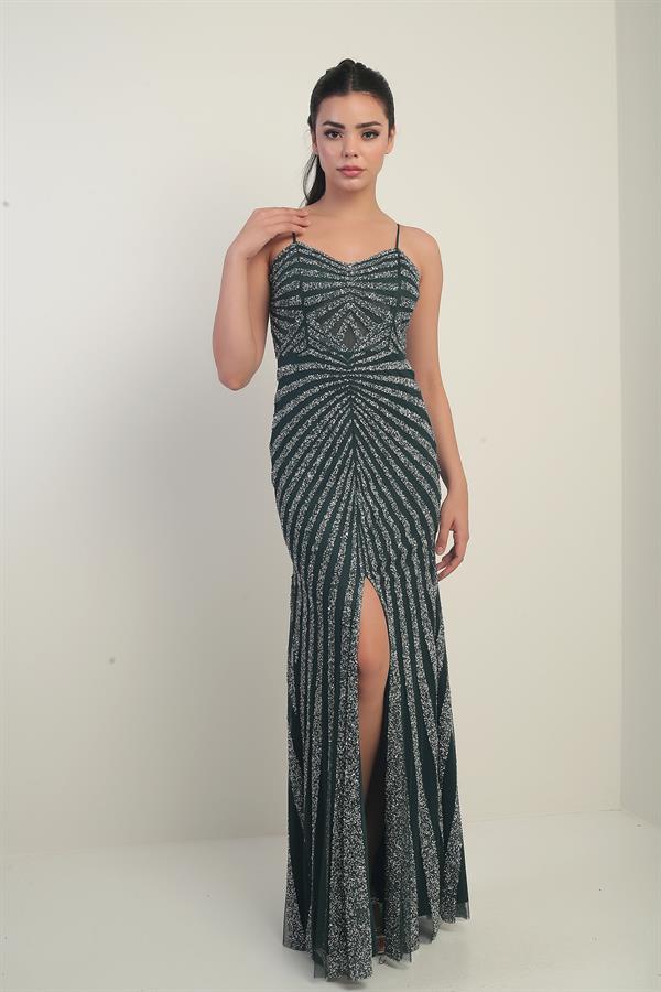 Women's Strappy Flocked Stone Print Lined Tulle Long Dress