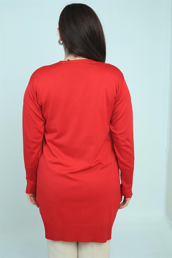 Kadın Kolları Düğme Detaylı Soğuk İplik Büyük Beden Uzun Hırka