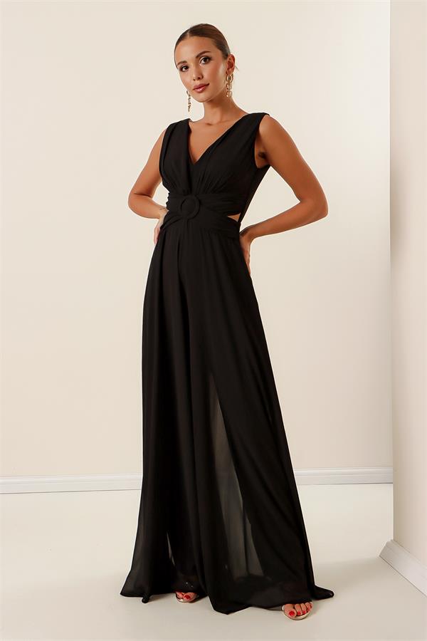 Waist-detailed, front and back V-neck, lined chiffon jumpsuit.