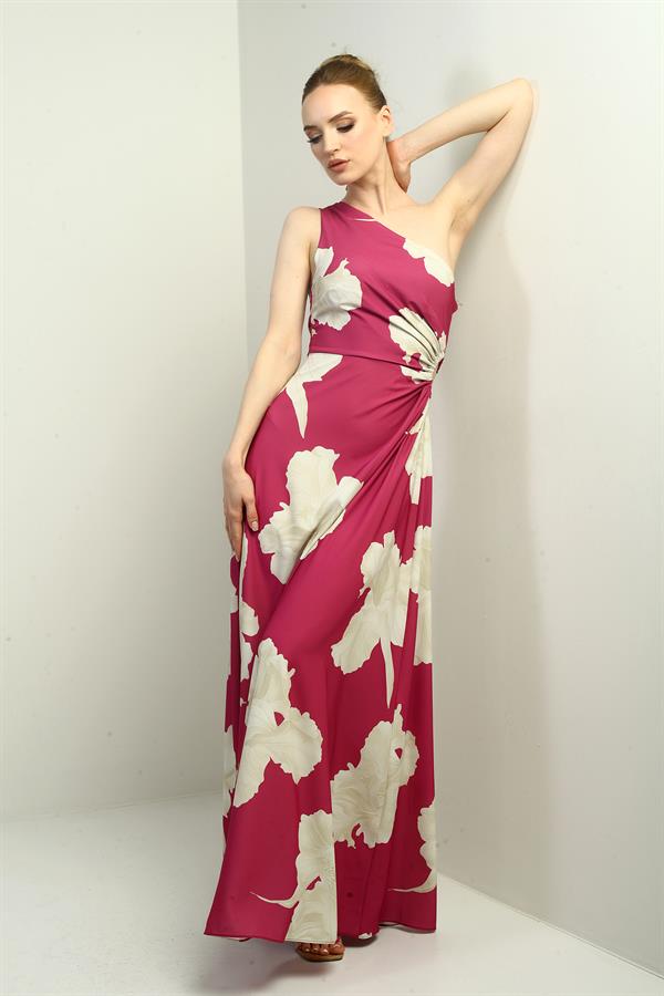 Kadın Tek Omuz Yandan Pencereli Büyük Yaprak Desenli Uzun Krep Saten Elbise