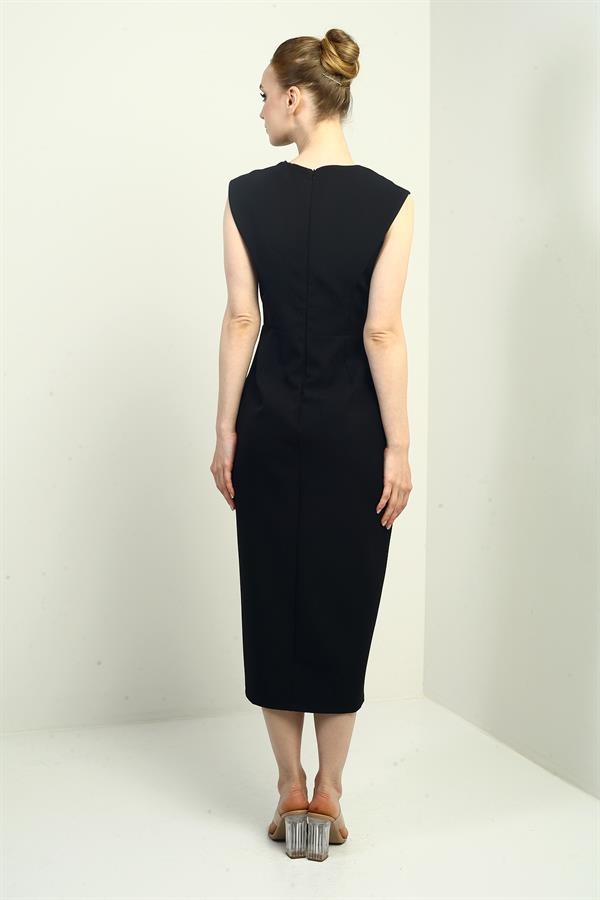 Kadın Kendinden Telalı Önü Yırtmaçlı Midi Elbise