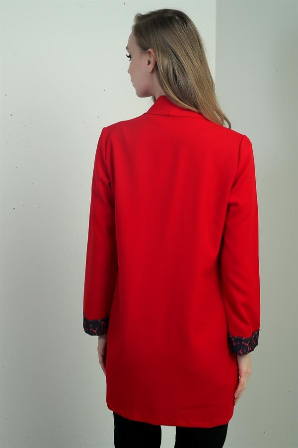 Kadın Şal Yaka Kol Ucu Leopar Desenli Likralı Uzun Ceket