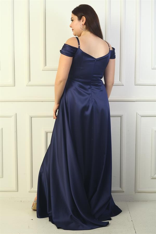 Kadın Ön Arka V Yaka İp Askılı Düşük Kol Taş İşlemeli Astarlı Büyük Beden Uzun Saten Abiye Elbise