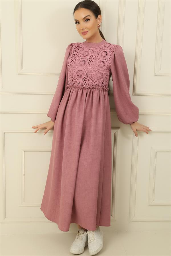 Lace Linen Effect Long Dress