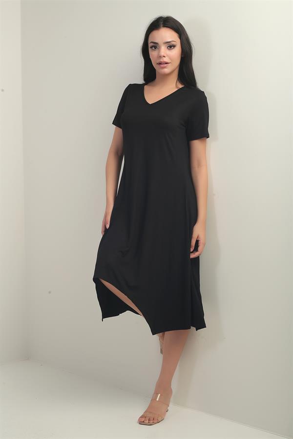 Women's V-Neck Asymmetrical Midi Dress with Angel Wing Chain Detail at the Back