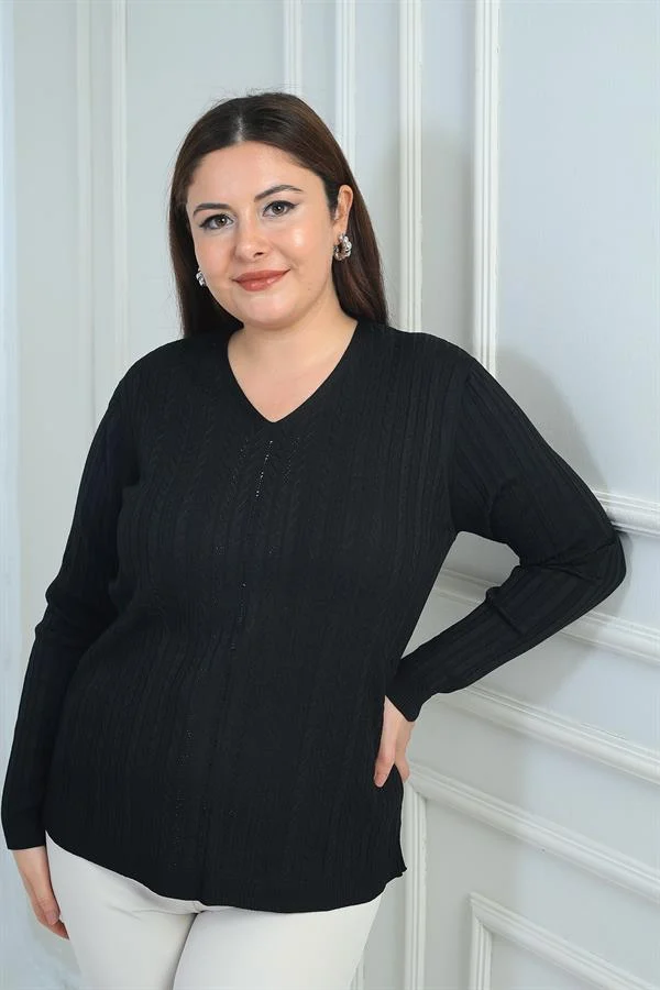 Chemisier grande taille à rayures et imprimé pierre sur le devant, col en V, en maille côtelée à fil froid.