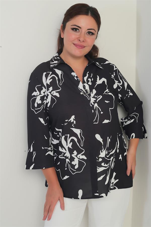 Chemisier grande taille à col polo et manches trois-quarts pour femme, motif abstrait