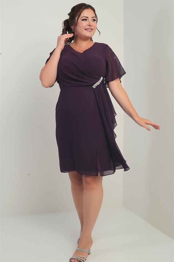 Women's Shoulder and Waist Crystal Stone Lined Handkerchief Plus Size Chiffon Dress