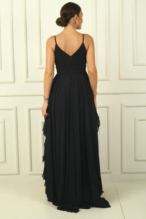 Kadın İp Askılı Yanları Yırtmaçlı Astarlı Volanlı Şifon Uzun Elbise