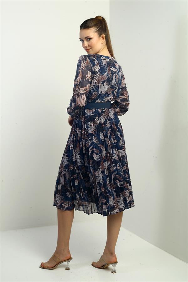 Women's Wrap Neckline Belted Lined Pleated Patterned Midi Chiffon Dress