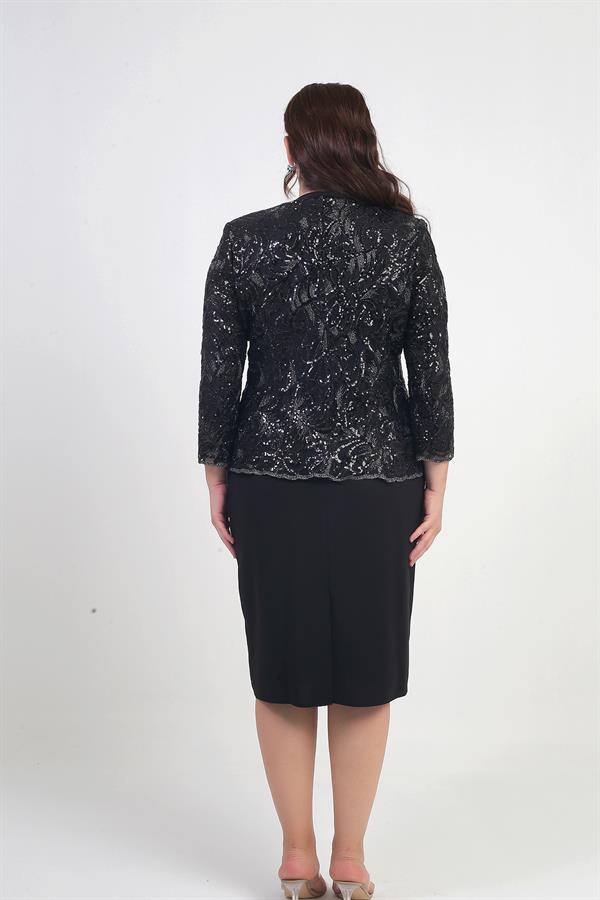Women's Sequin Embellished Beaded Tulle Jacket, Half-Moon Sleeve Short Dress, Lined Crepe, Plus Size 2-Piece Set