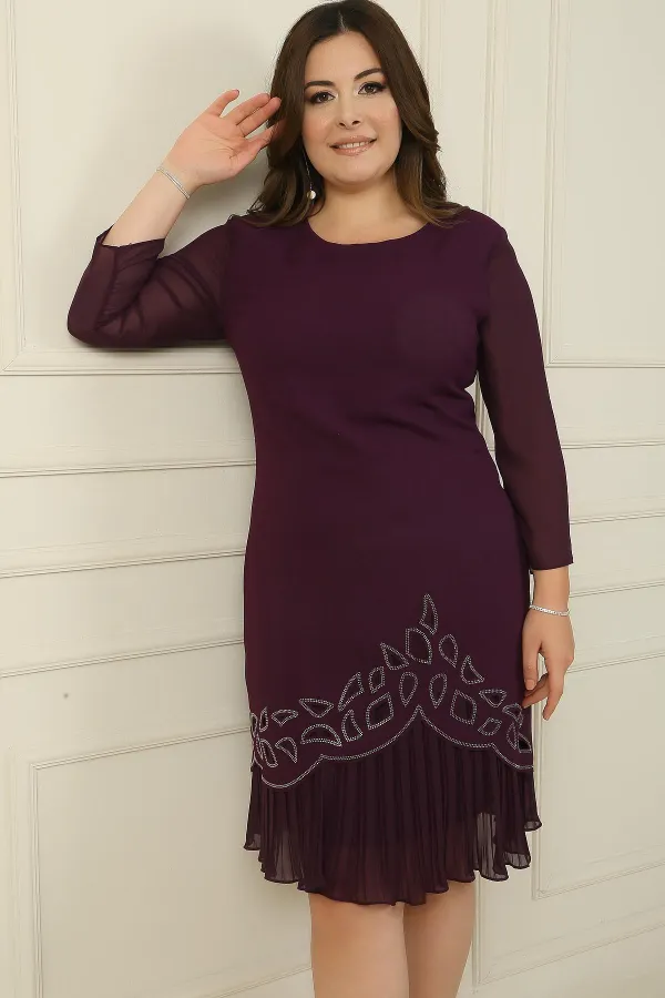 Plus Size Crepe Dress with Chiffon Pleated Sleeves and Stone Detail on the Hem