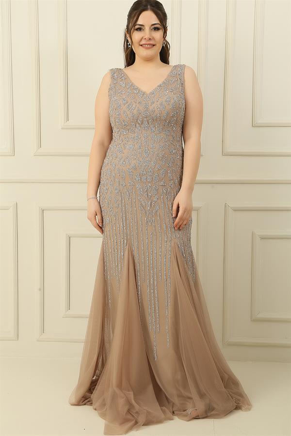 Front and Back V-Neck Stone Embellished Back Tie Lined Plus Size Long Dress