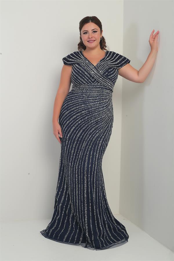 Kadın Ön Arka V Yaka Taş Baskılı Astarlı Büyük Beden Balık Elbise