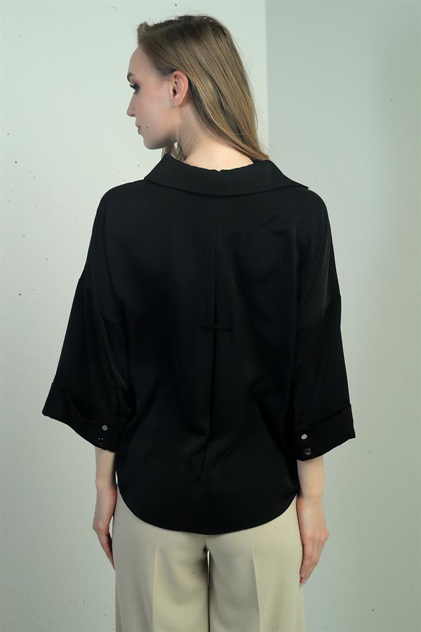 Kadın Polo Yaka Yarım Duble Kollu Arkası Körüklü Krep Saten Bluz