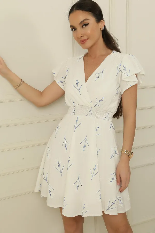 Kruvaze Yaka Kısa Kollu Beli Gipeli Astarlı Çiçek Nakışlı Elbise