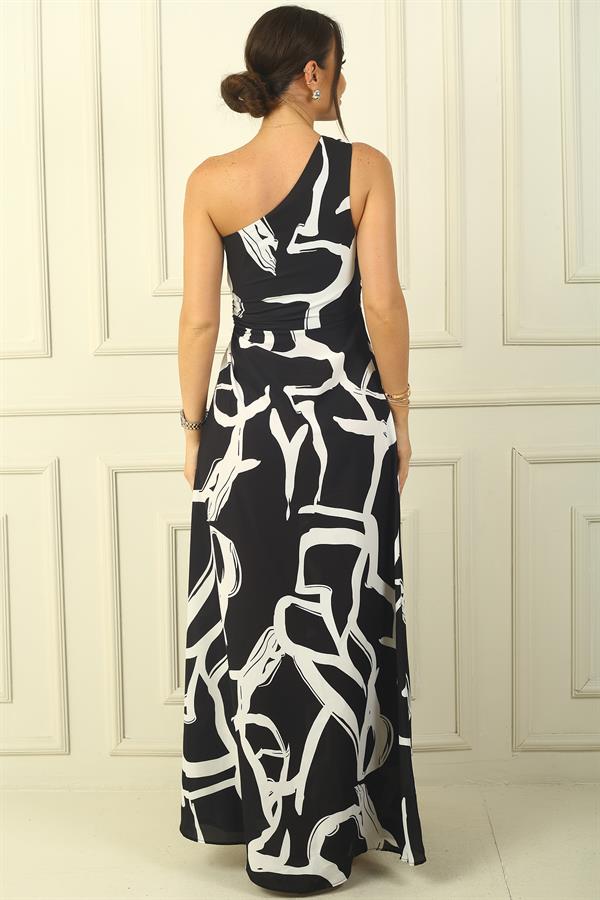 Kadın Tek Omuz Yandan Pencereli Karışık Desen Uzun Krep Saten Elbise