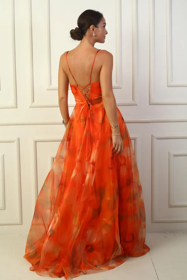 Kadın İp Askılı Arkası Bağcıklı Önü Drapeli Çiçekli Organze Uzun Elbise